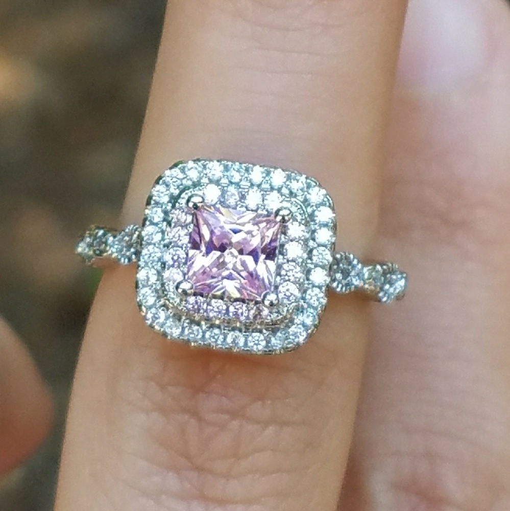 NEW Silver Pink Princess Cut Double Halo Ring - Picture 4 of 8